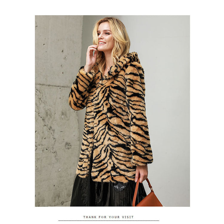 Winter Super Thick Hooded Big Tiger Pattern Coat Furry Mid-Length Women Faux Fur Coat