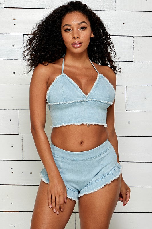 SEXY DENIM RUFFLED SHORTS WITH DENIM BRA TOP