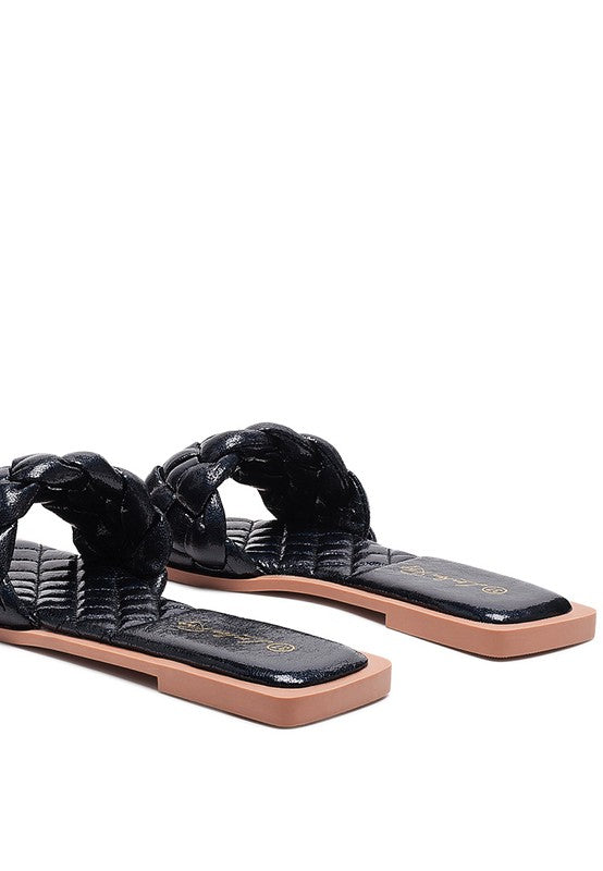 MARCUE PATENT PU QUILTED SLIDES IN WOVEN STRAPS