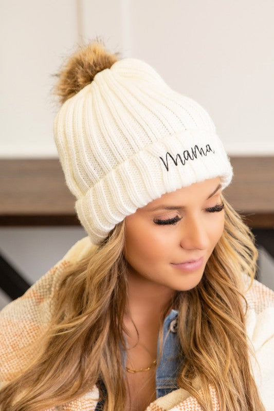 Mama Embroidered Faux Fur Pom Beanie Cap