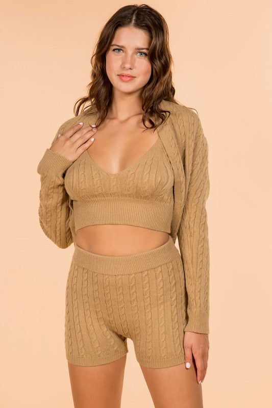 SOLID KNIT CROP TOP, SHORT AND CARDIGAN SET