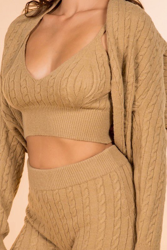 SOLID KNIT CROP TOP, SHORT AND CARDIGAN SET