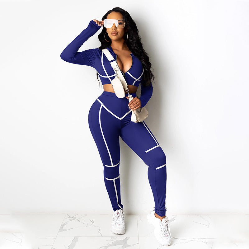 Women Clothes Autumn Solid Color Tight Stitching Casual Sexy sets Women