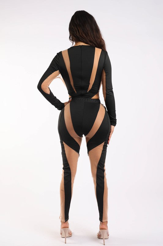 Mesh contrast bodysuit and leggings set