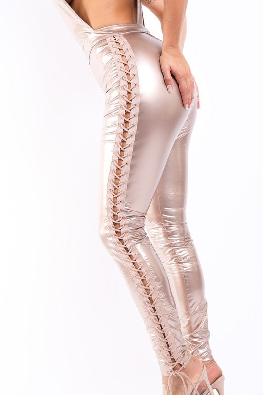 Shiny latex lace up detailed jumpsuit