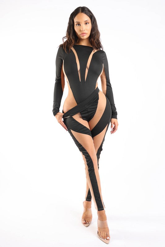 Mesh contrast bodysuit and leggings set