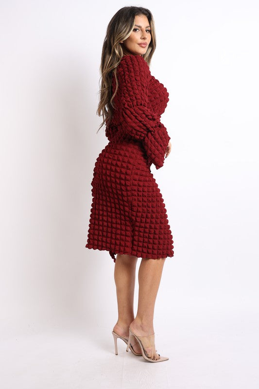 Popcorn long sleeve top and side tie skirt set