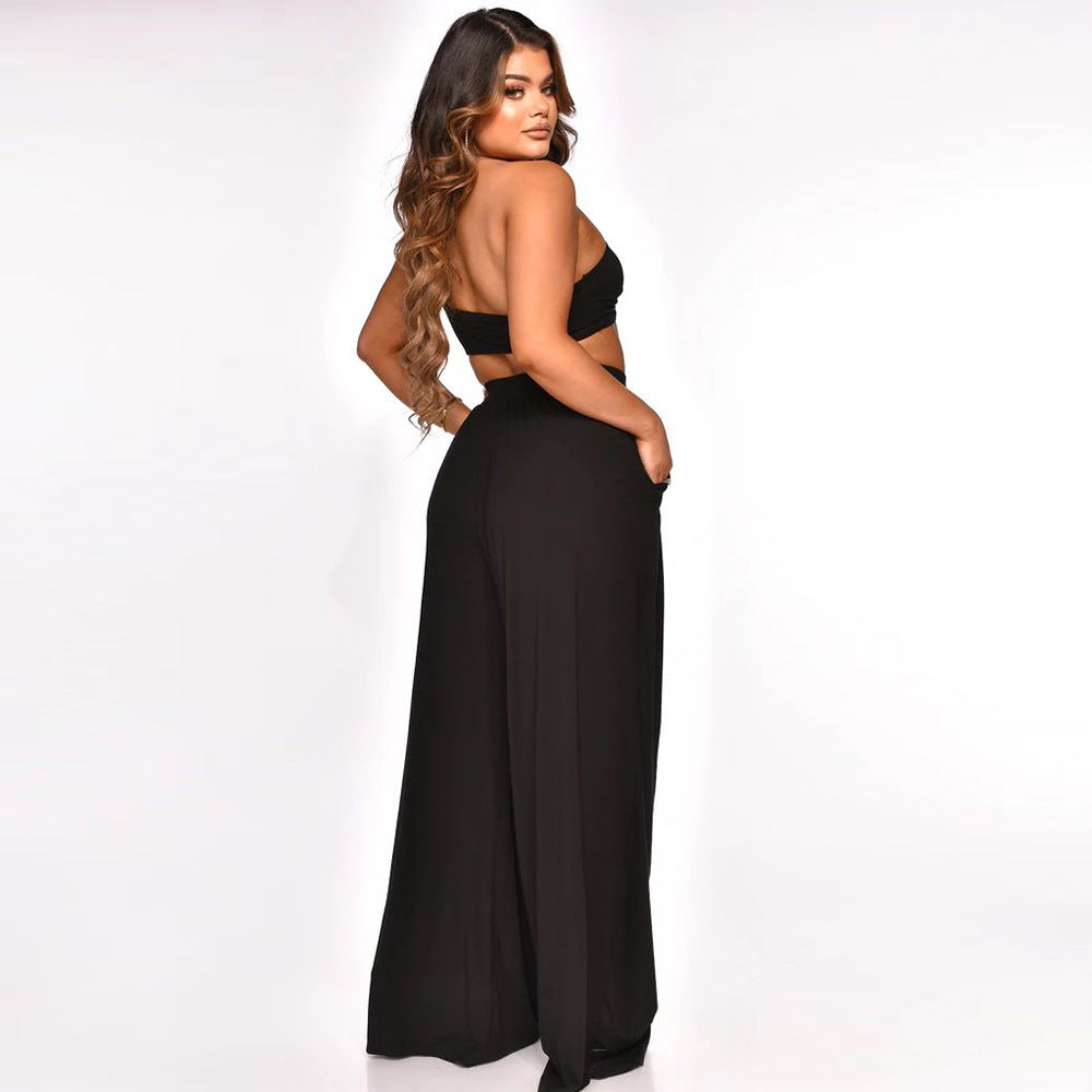 Women Clothing Shoulder Sleeveless Solid Color Wide Leg Pants Suit Summer