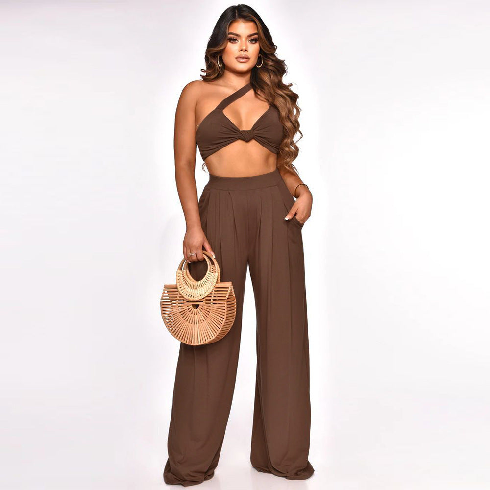 Women Clothing Shoulder Sleeveless Solid Color Wide Leg Pants Suit Summer