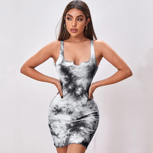 Sexy slim tie-dye print wrap hip skirt vest camisole dress European and American