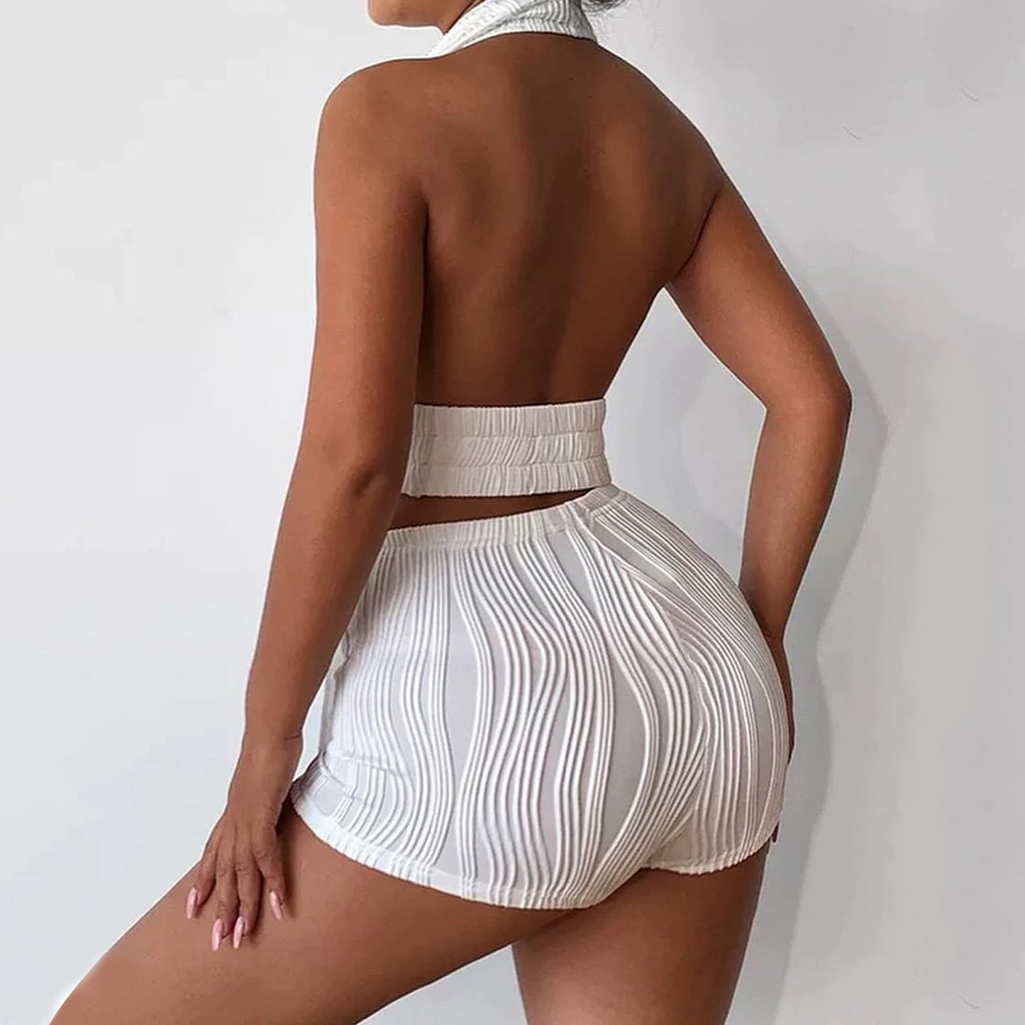 Summer Women Clothing Sexy Backless Jacquard Two Piece Shorts Suit Women