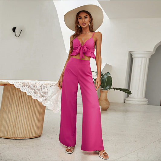 Spring Summer Rose Red Sling Tube Top Backless Sexy Top Women Long Bell-Bottom Pants Suit
