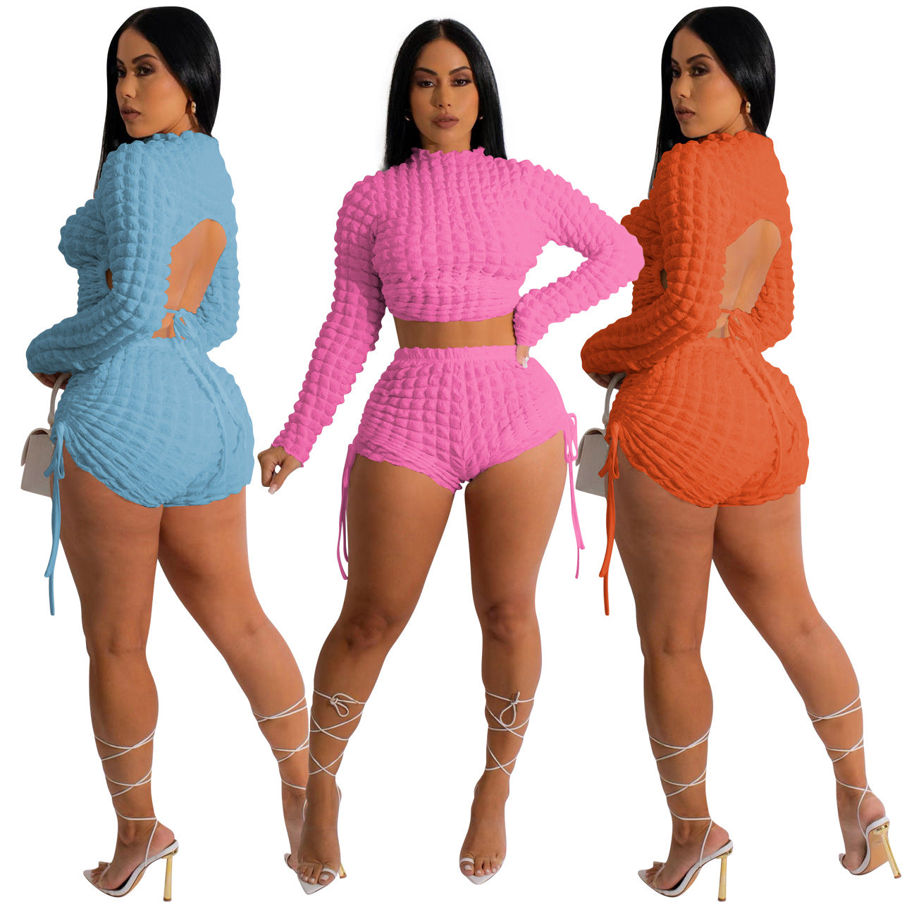 Women  Clothing Sexy Popcorn Backless Two Piece Set Women Clothing