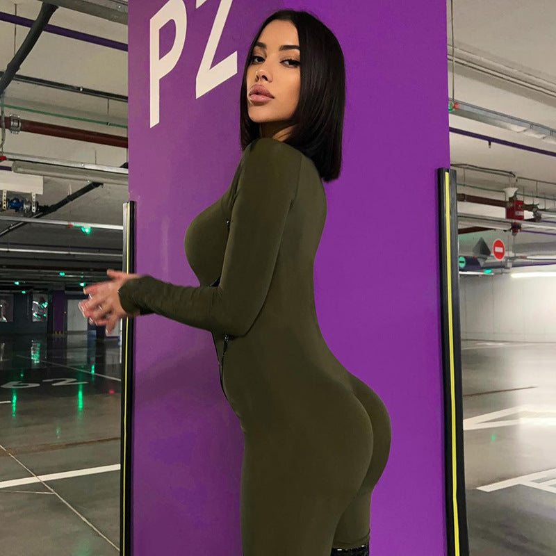 Leather Strap Split Sports Leggings Sexy Tight Long Sleeve Jumpsuit
