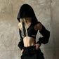 Sexy Women Clothing Characteristic Hollow Out Cutout Cross Strap Hooded Blouse Short Cropped Top