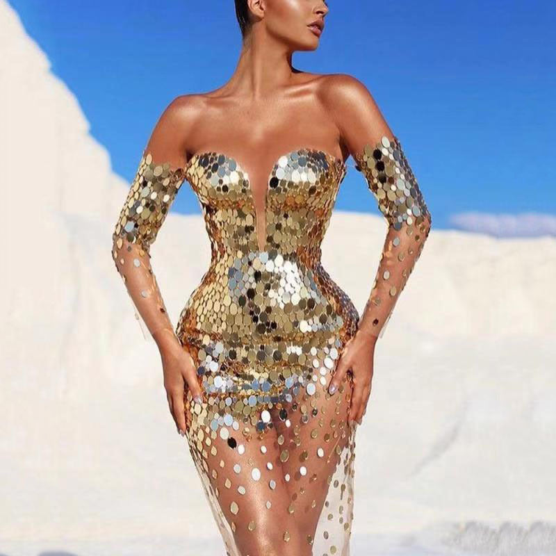 Sequined off Shoulder Sexy Mesh See through Long Evening Dress