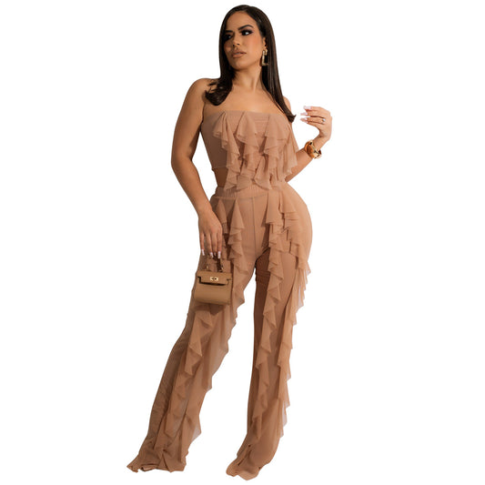 Women Clothing Two-Piece Summer Casual Solid Color Tube-Top Stitching Pants Suit