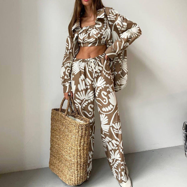 Early Autumn Long Sleeved Shirt Tube Top High Waist Trousers sets Printing Women  Wear