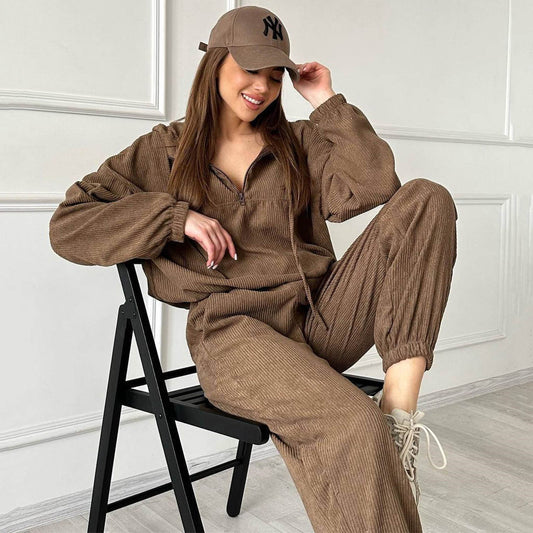 Corduroy Suit Women Sports Casual Autumn Winter Zipper Hooded Sweatshirt Sweatpants Two Piece Set Women