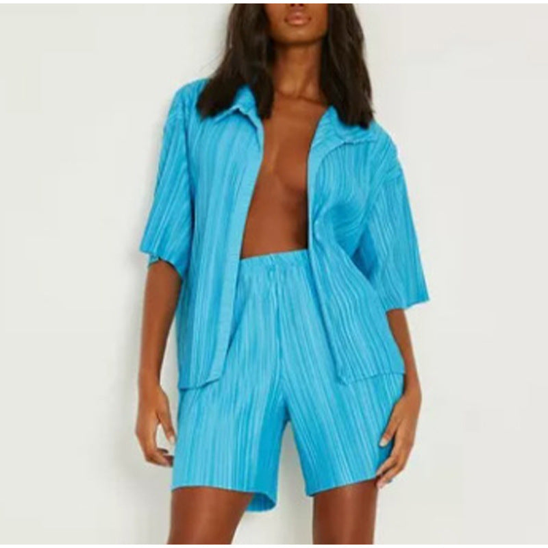 Pleated Shirt Short Sleeve Shorts Casual two-piece set