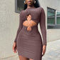 Women Clothing Summer Sexy Hollow Out Cutout round Neck Long Sleeve Narrow Dress