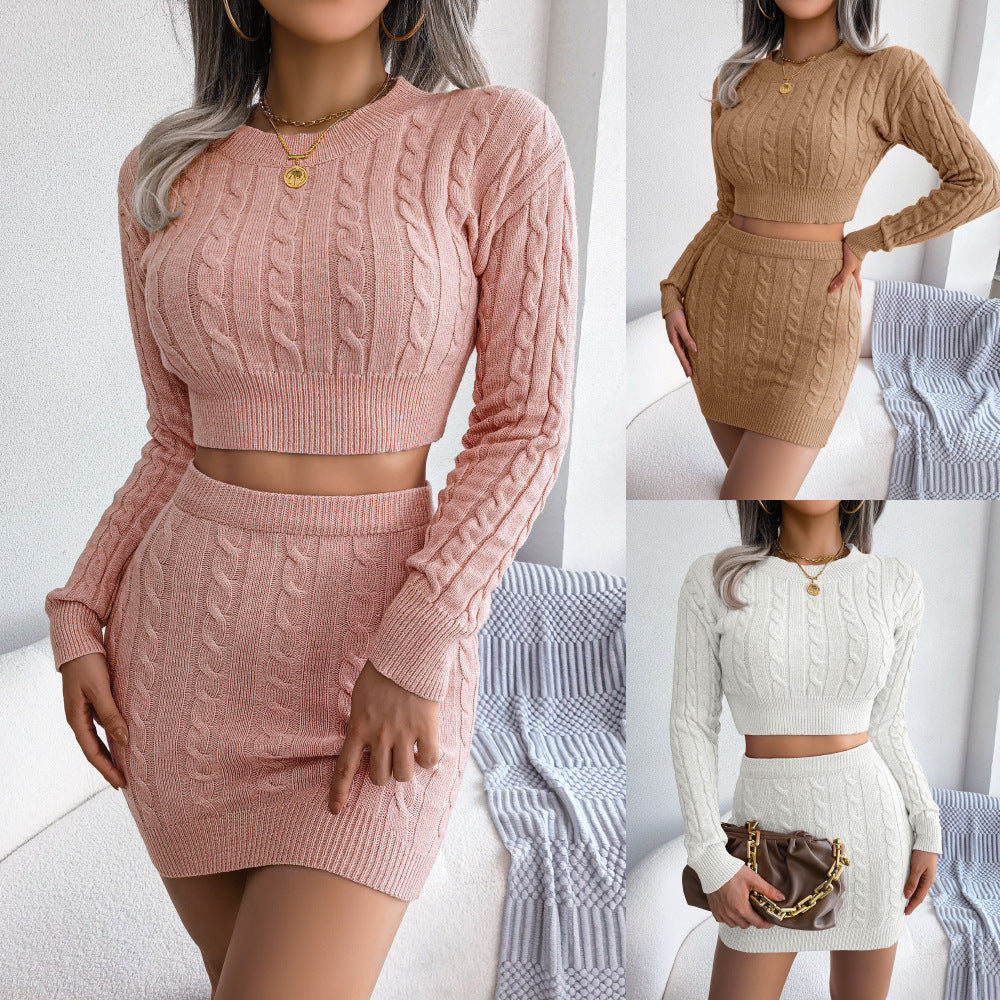 Autumn Winter Casual Twist Cropped Baring Sweater Hip Skirt Women Clothing