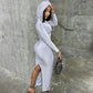 Hooded Solid Color Tight Dress Socialite Long One Step Hip Dress Long Sleeve Pullover Women