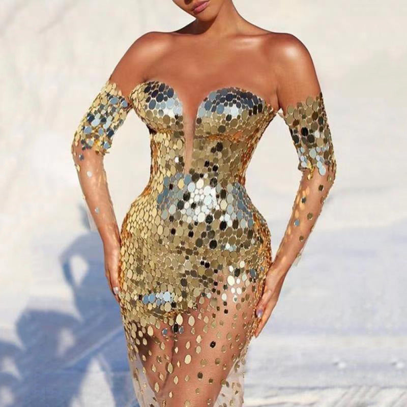 Sequined off Shoulder Sexy Mesh See through Long Evening Dress
