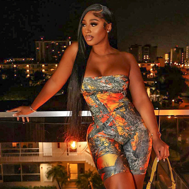 Women Clothing Summer Printed Tight Chest Wrap Jumpsuit Shorts Set
