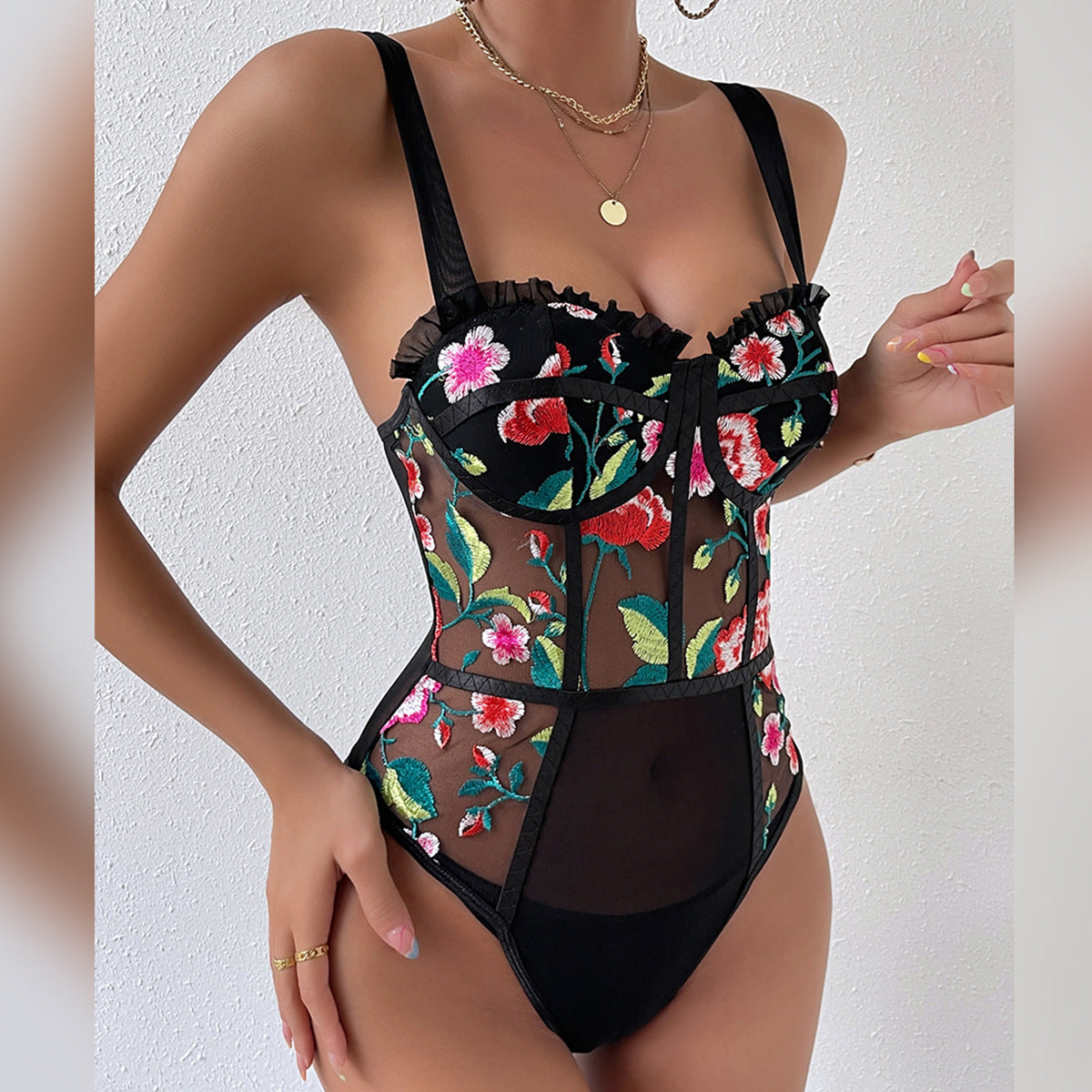 Sexy Floral Embroidery See through Wooden Ear Slim Jumpsuit