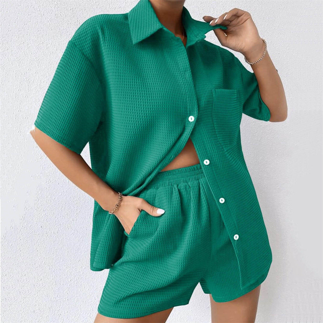 Summer Suit Women  Women's Loose Casual Short Sleeved Shirt Elastic Waist Shorts Two Piece Set Women