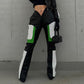 Women Clothing Faux Leather Stitching Contrast Color High Waist V Head Slim Straight Motorcycle Street Trousers