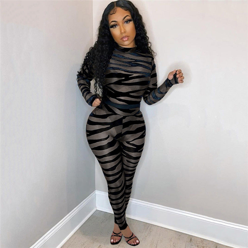 Women Clothing Striped Printed Sheer Mesh Sexy Jumpsuit
