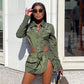 Woven Shirt Collar Breasted High Waist Long Sleeves Jumpsuit Pocket Skirt Workwear Two Piece Sets
