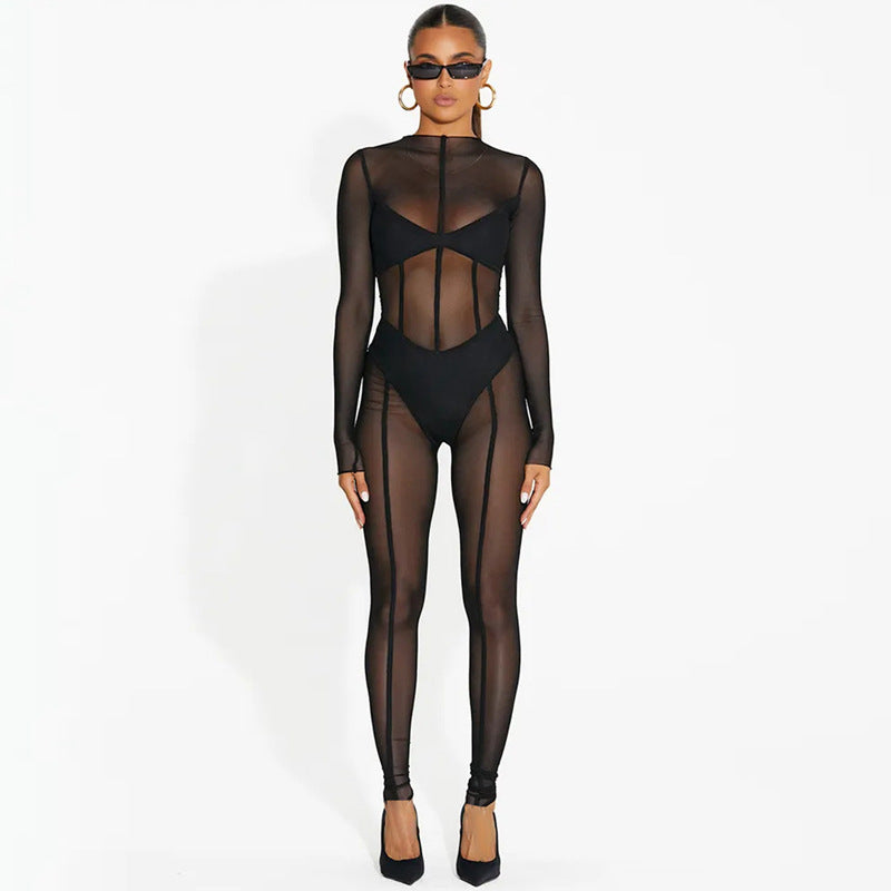 Long Sleeve Mesh Trousers Autumn Women  Clothing Sexy See through Jumpsuit