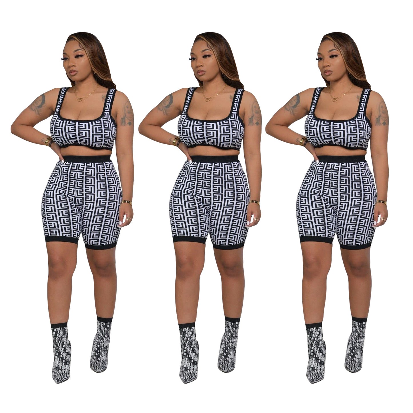 Women Clothing Casual Vest Shorts Printed Two-Piece Suit Spring Summer