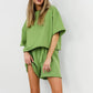 Green Casual round Neck Loose Lace up Shorts Set Summer Shorts