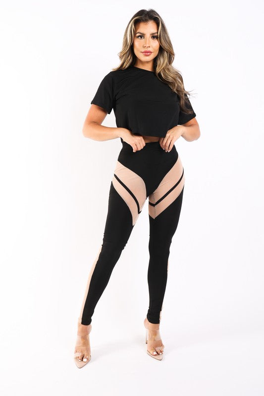 Mesh contrast leggings and top set