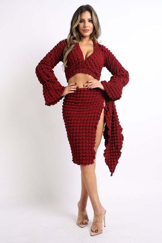 Popcorn long sleeve top and side tie skirt set