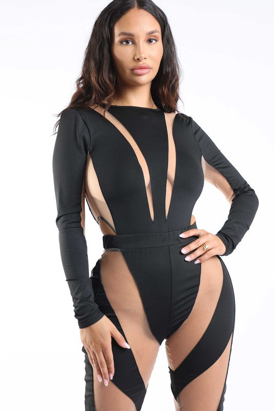 Mesh contrast bodysuit and leggings set