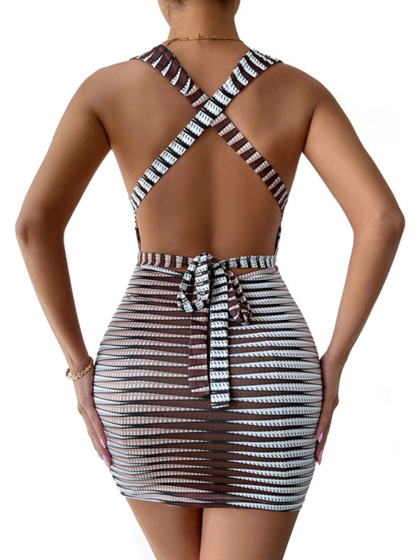 Women's striped straps, sleeveless off -back dress