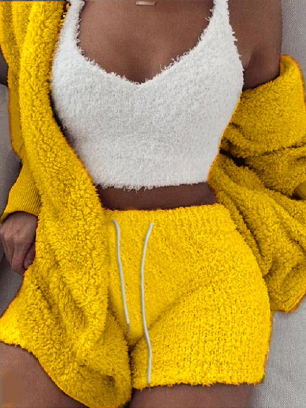 Women's Solid Color Warm Fuzzy Fleece Faux Sherpa 3 Piece Pajamas