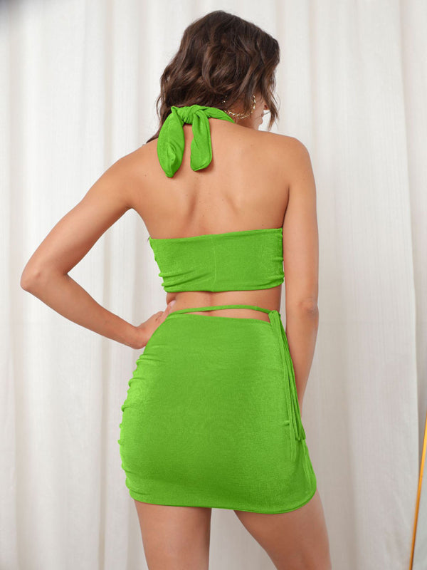 Women's Solid Color Crop Top Halter Neck Tie Top And Matching Mini Skirt Set
