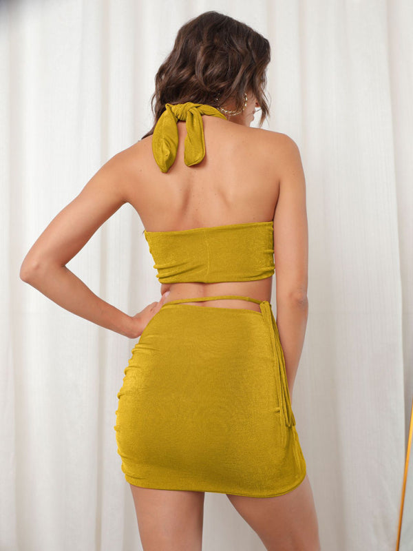 Women's Solid Color Crop Top Halter Neck Tie Top And Matching Mini Skirt Set