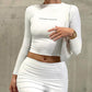Women's Solid Color Crop Long Sleeve Top Matching Mini Skirt