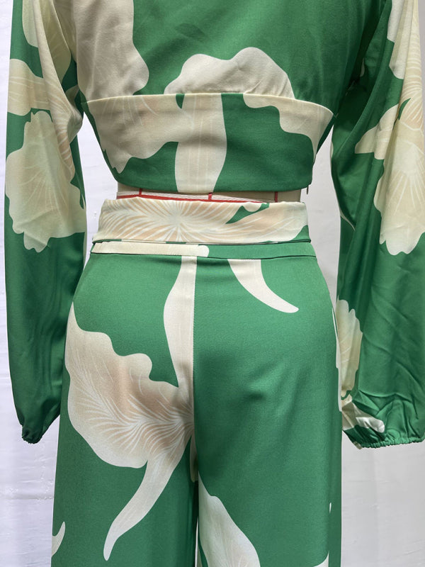 Women's Printed V-neck Lantern Sleeve Short Shirt, High Waist Wide-leg Pants Two-piece Set