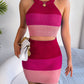 Women's Color Block Crop Halter Neck Tank With Matching Cable Knit Mini Skirt