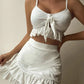 Women's Solid Color Eyelet Tie Front Ruffle Crop Tank With Matching Ruffle Hem Mini Skirt
